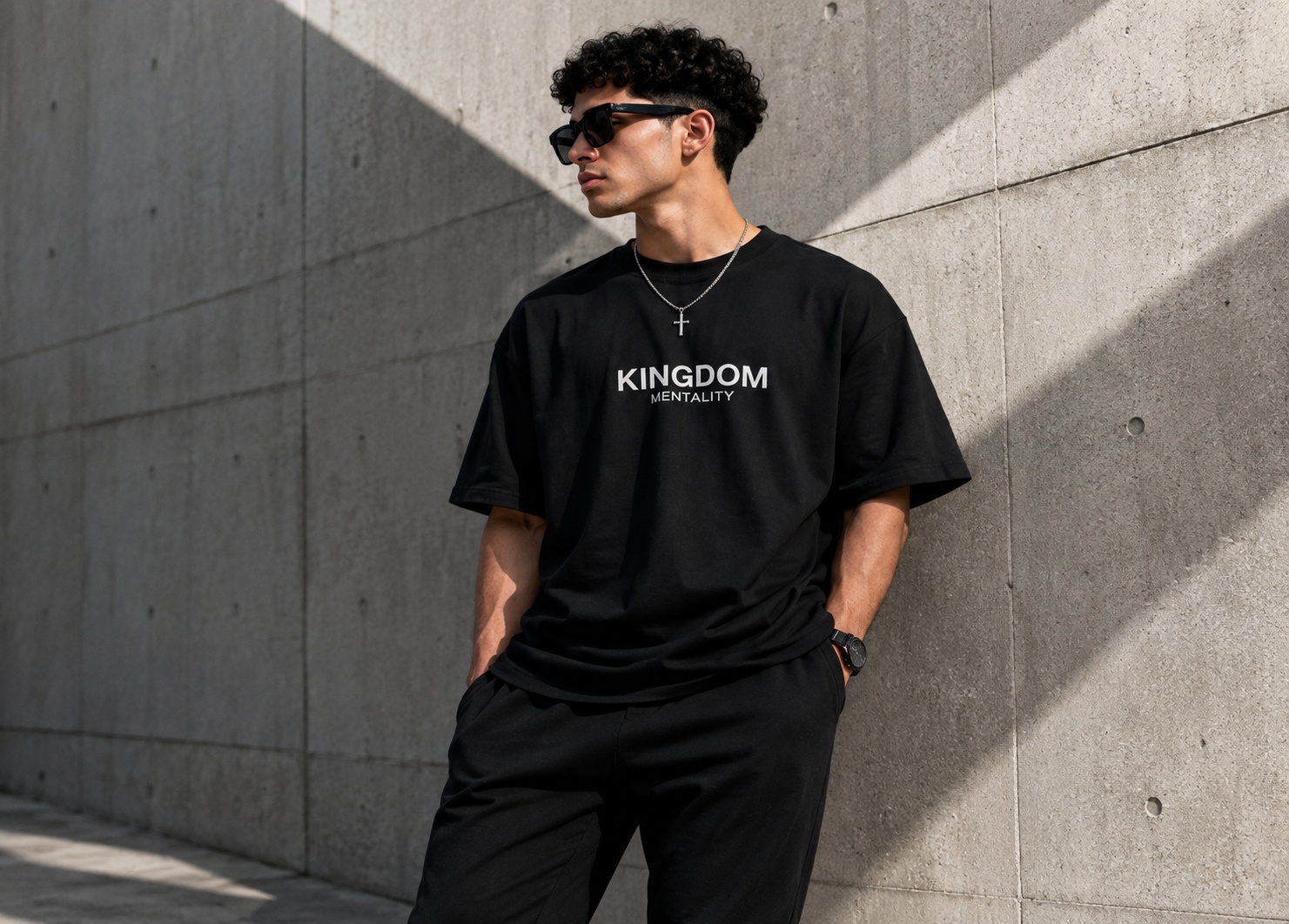 Model wearing Kingdom Mentality shirt